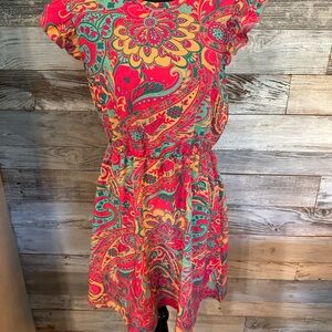 SHEIN Pink and Green Paisley Dress with Ruffled Sleeves